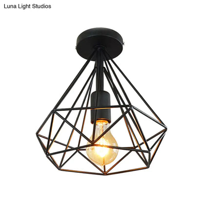 DecorBites™ DecorBites™ Stylish Diamond Metallic Ceiling Light Fixture for Bedroom - Semi Flush Industrial Cage Design