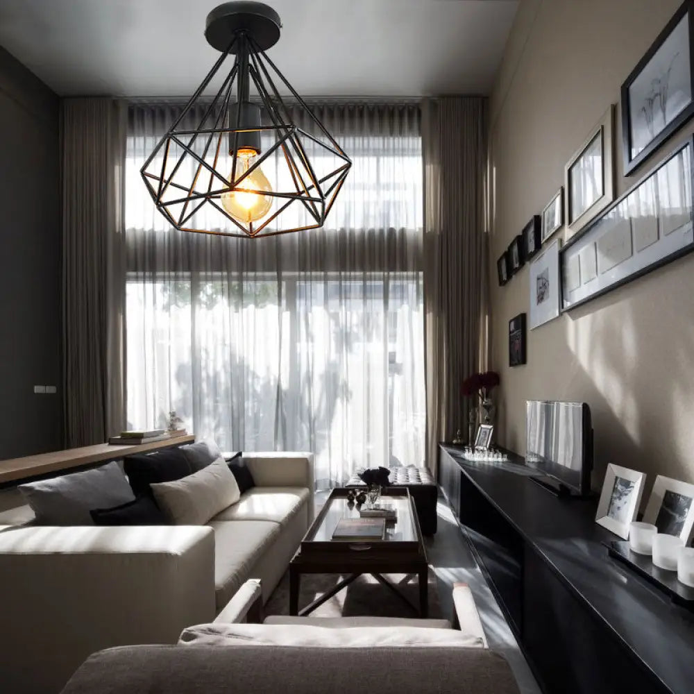 DecorBites™ DecorBites™ Stylish Diamond Metallic Ceiling Light Fixture for Bedroom - Semi Flush Industrial Cage Design