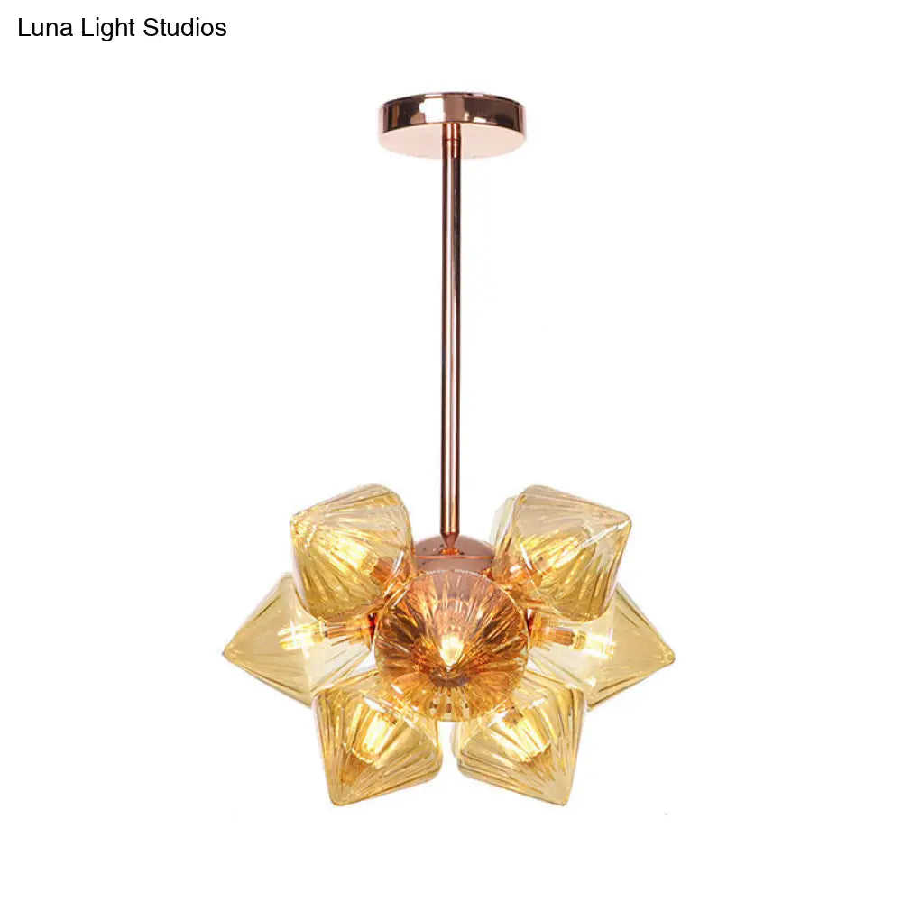 Stylish Farmhouse Chandelier Lamp: Diamond Amber/Clear Glass, 9/12 Heads, Copper/Gold Finish