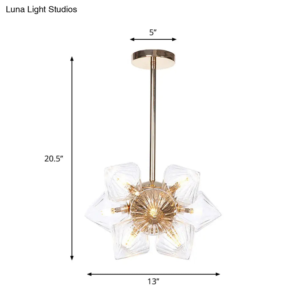 Stylish Farmhouse Chandelier Lamp: Diamond Amber/Clear Glass, 9/12 Heads, Copper/Gold Finish