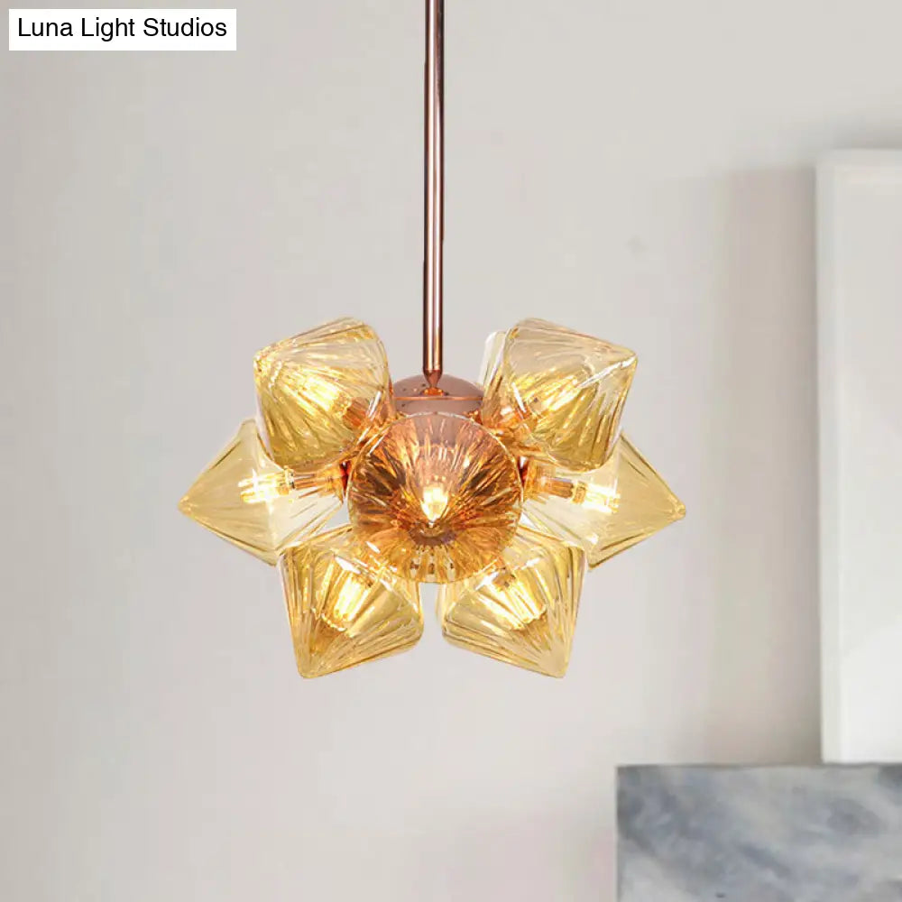 Stylish Farmhouse Chandelier Lamp: Diamond Amber/Clear Glass, 9/12 Heads, Copper/Gold Finish
