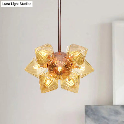 Stylish Farmhouse Chandelier Lamp: Diamond Amber/Clear Glass, 9/12 Heads, Copper/Gold Finish