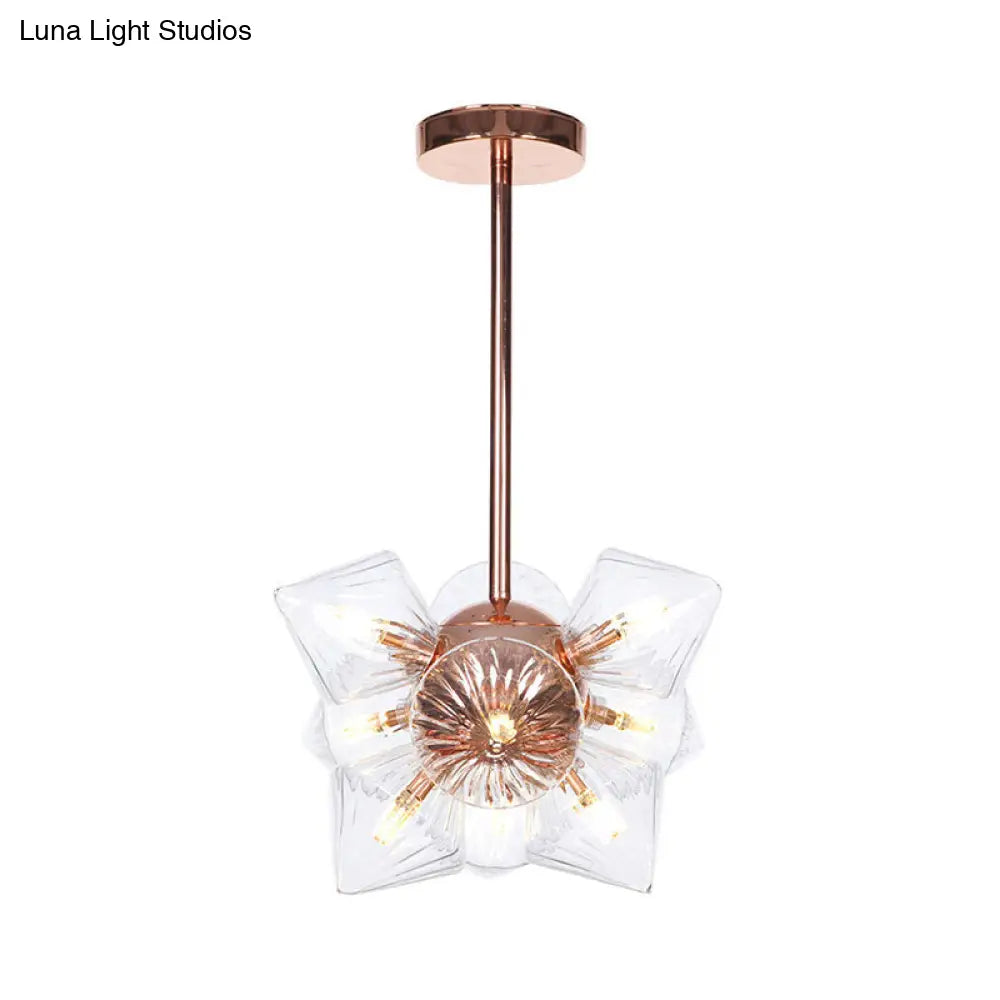 Stylish Farmhouse Chandelier Lamp: Diamond Amber/Clear Glass, 9/12 Heads, Copper/Gold Finish