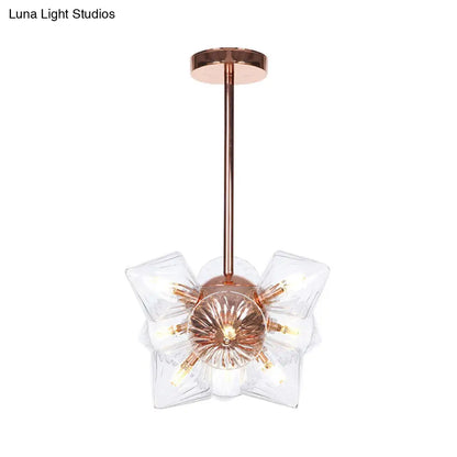 Stylish Farmhouse Chandelier Lamp: Diamond Amber/Clear Glass, 9/12 Heads, Copper/Gold Finish
