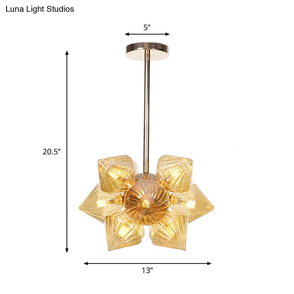 Stylish Farmhouse Chandelier Lamp: Diamond Amber/Clear Glass, 9/12 Heads, Copper/Gold Finish