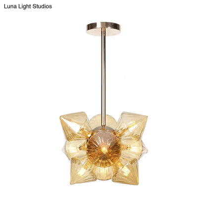 Stylish Farmhouse Chandelier Lamp: Diamond Amber/Clear Glass, 9/12 Heads, Copper/Gold Finish