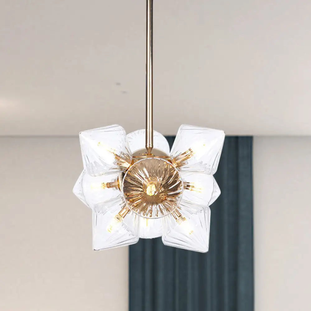 Stylish Farmhouse Chandelier Lamp: Diamond Amber/Clear Glass, 9/12 Heads, Copper/Gold Finish