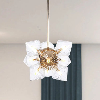 Stylish Farmhouse Chandelier Lamp: Diamond Amber/Clear Glass, 9/12 Heads, Copper/Gold Finish