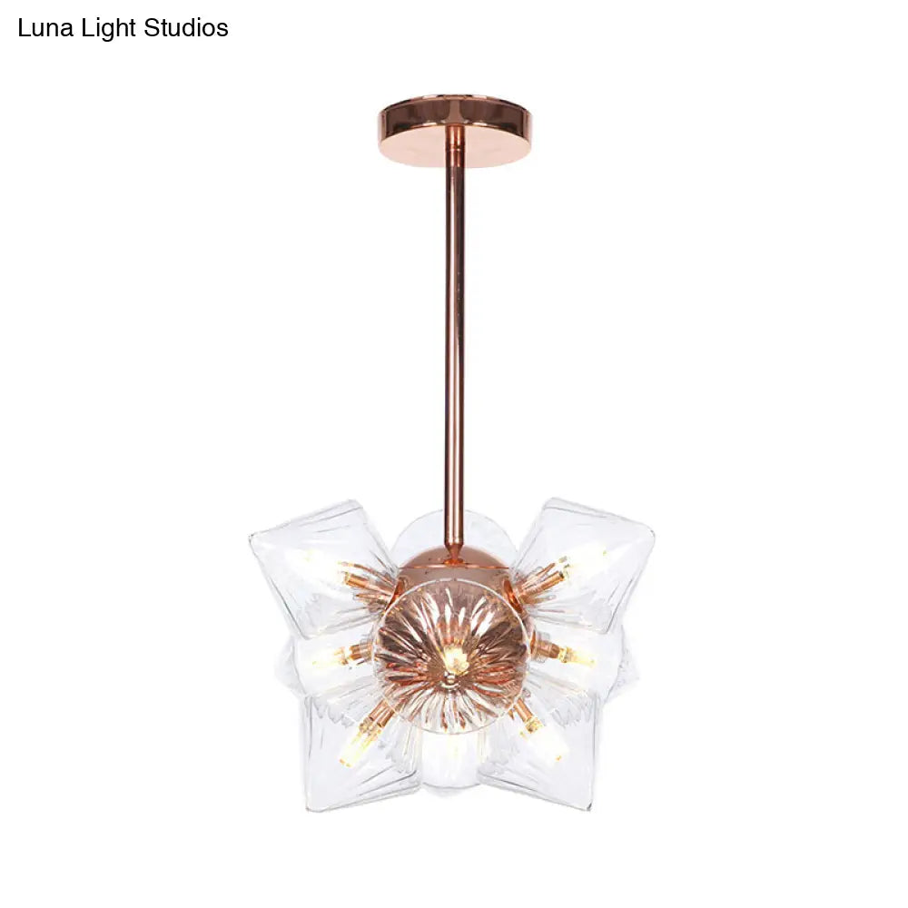 Stylish Farmhouse Chandelier Lamp: Diamond Amber/Clear Glass, 9/12 Heads, Copper/Gold Finish