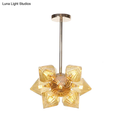 Stylish Farmhouse Chandelier Lamp: Diamond Amber/Clear Glass, 9/12 Heads, Copper/Gold Finish