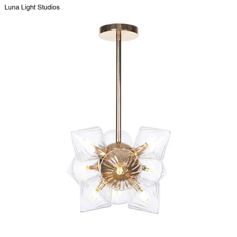 Stylish Farmhouse Chandelier Lamp: Diamond Amber/Clear Glass, 9/12 Heads, Copper/Gold Finish