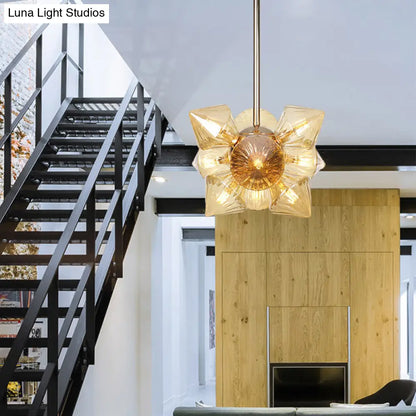 Stylish Farmhouse Chandelier Lamp: Diamond Amber/Clear Glass, 9/12 Heads, Copper/Gold Finish