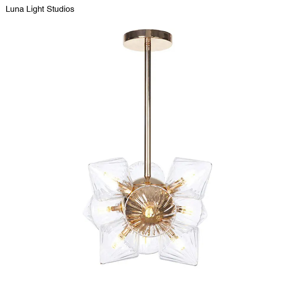 Stylish Farmhouse Chandelier Lamp: Diamond Amber/Clear Glass, 9/12 Heads, Copper/Gold Finish