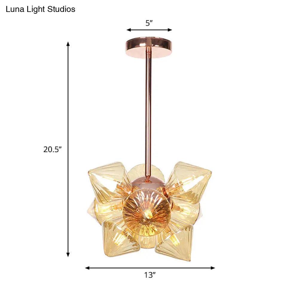 Stylish Farmhouse Chandelier Lamp: Diamond Amber/Clear Glass, 9/12 Heads, Copper/Gold Finish