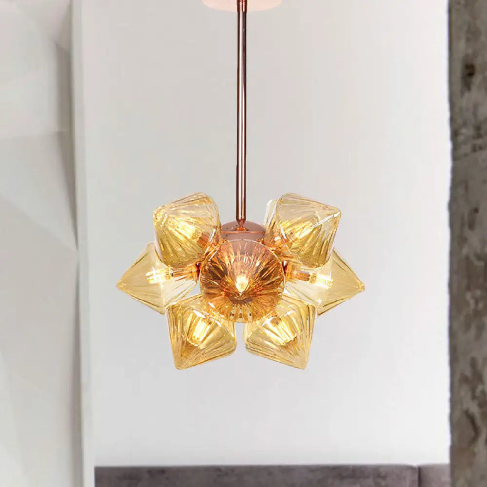 Stylish Farmhouse Chandelier Lamp: Diamond Amber/Clear Glass, 9/12 Heads, Copper/Gold Finish