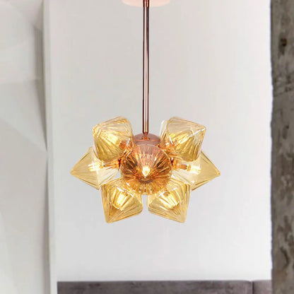 Stylish Farmhouse Chandelier Lamp: Diamond Amber/Clear Glass, 9/12 Heads, Copper/Gold Finish