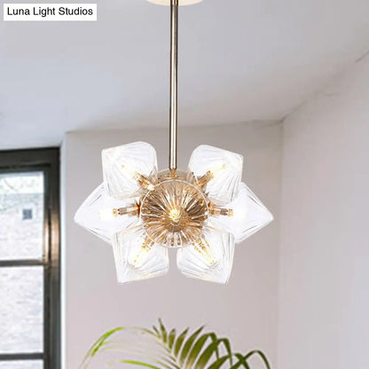 Stylish Farmhouse Chandelier Lamp: Diamond Amber/Clear Glass, 9/12 Heads, Copper/Gold Finish