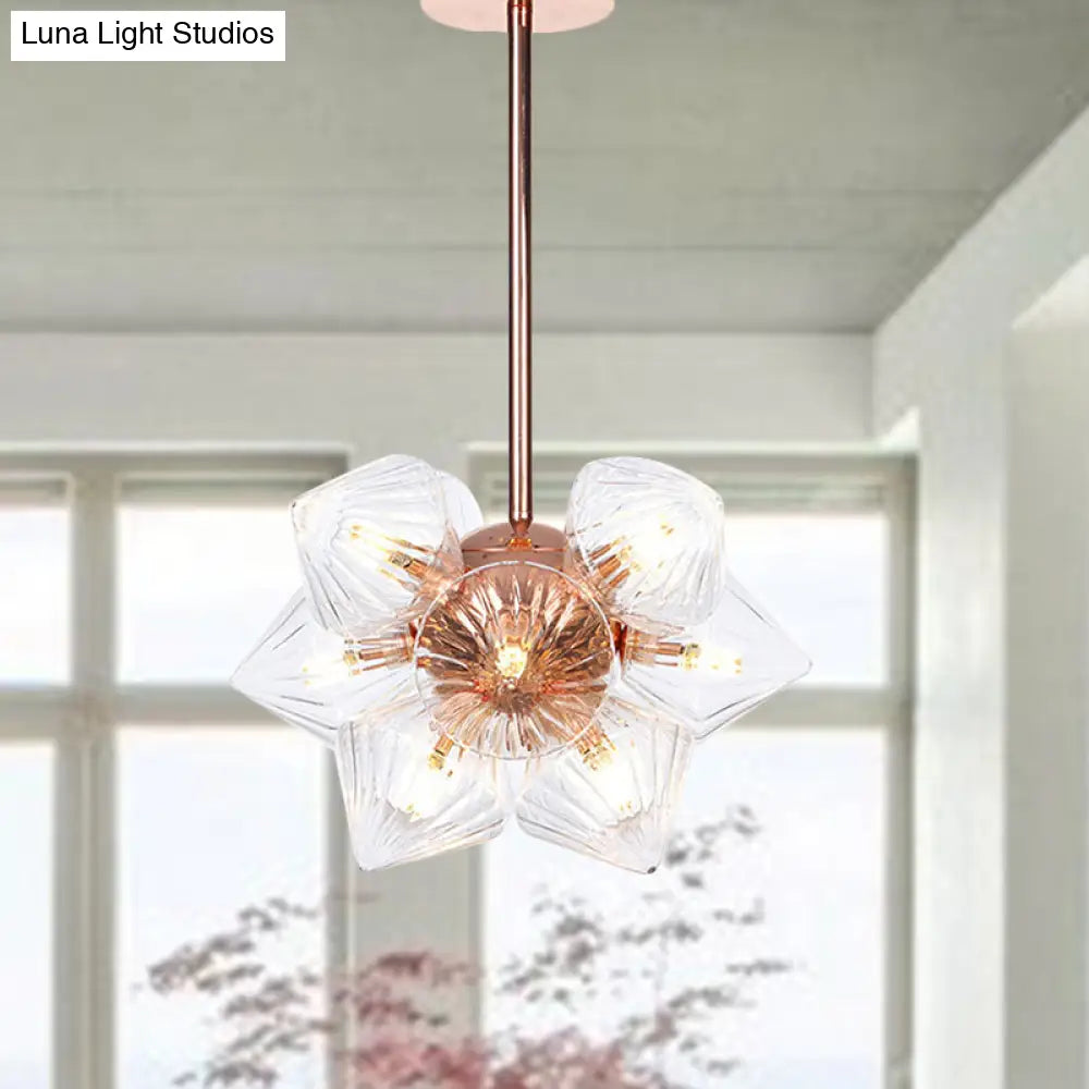 Stylish Farmhouse Chandelier Lamp: Diamond Amber/Clear Glass, 9/12 Heads, Copper/Gold Finish