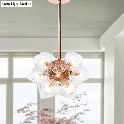 Stylish Farmhouse Chandelier Lamp: Diamond Amber/Clear Glass, 9/12 Heads, Copper/Gold Finish