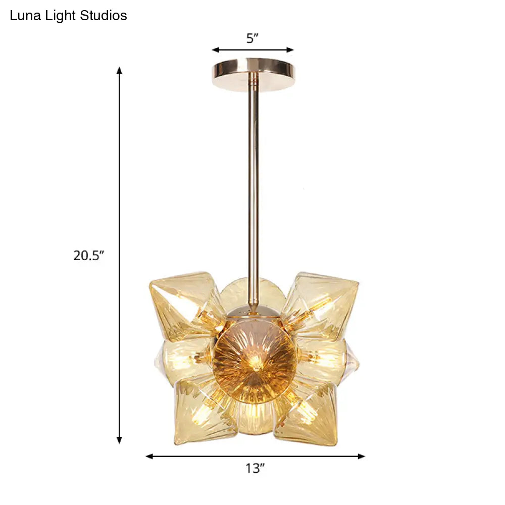 Stylish Farmhouse Chandelier Lamp: Diamond Amber/Clear Glass, 9/12 Heads, Copper/Gold Finish