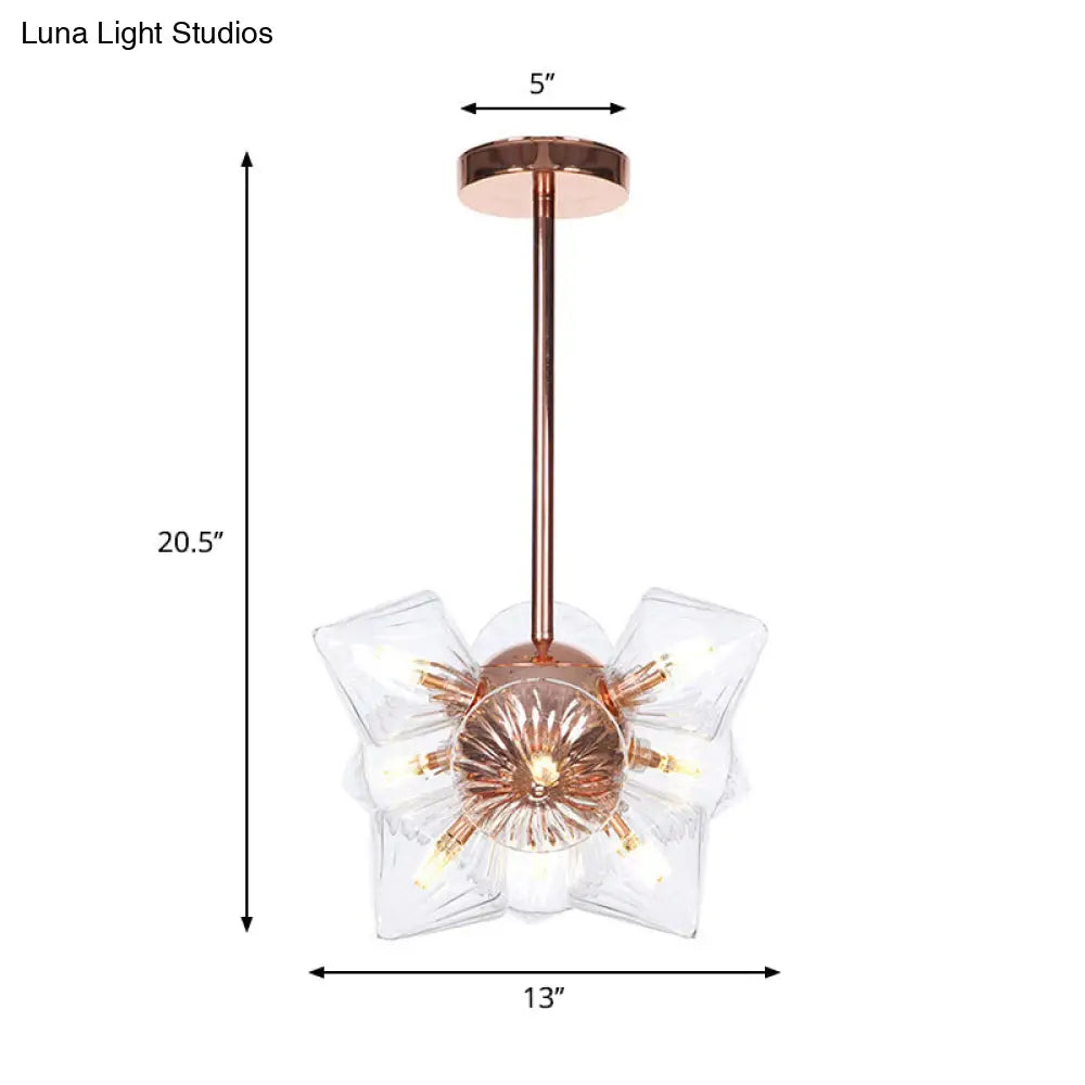 Stylish Farmhouse Chandelier Lamp: Diamond Amber/Clear Glass, 9/12 Heads, Copper/Gold Finish