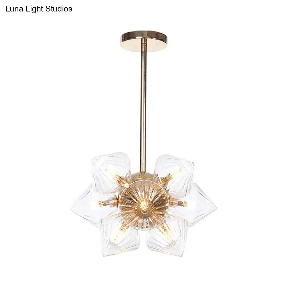 Stylish Farmhouse Chandelier Lamp: Diamond Amber/Clear Glass, 9/12 Heads, Copper/Gold Finish