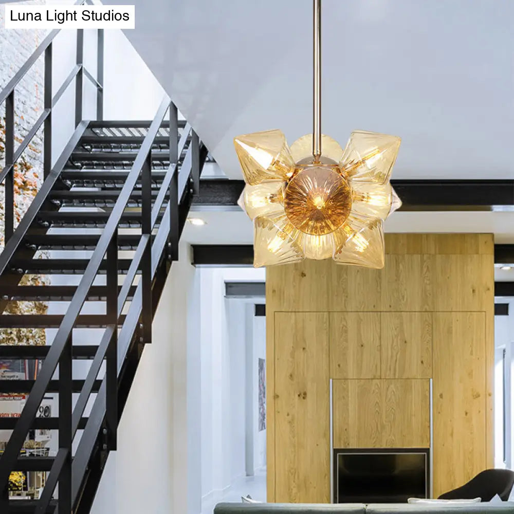 Stylish Farmhouse Chandelier Lamp: Diamond Amber/Clear Glass, 9/12 Heads, Copper/Gold Finish