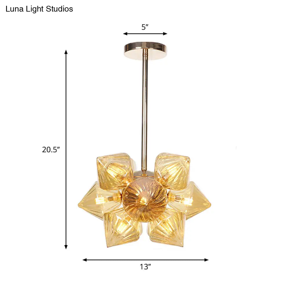 Stylish Farmhouse Chandelier Lamp: Diamond Amber/Clear Glass, 9/12 Heads, Copper/Gold Finish