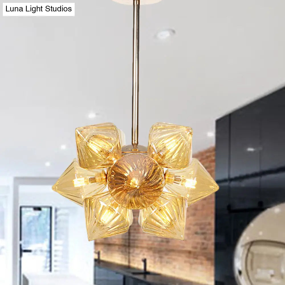 Stylish Farmhouse Chandelier Lamp: Diamond Amber/Clear Glass, 9/12 Heads, Copper/Gold Finish