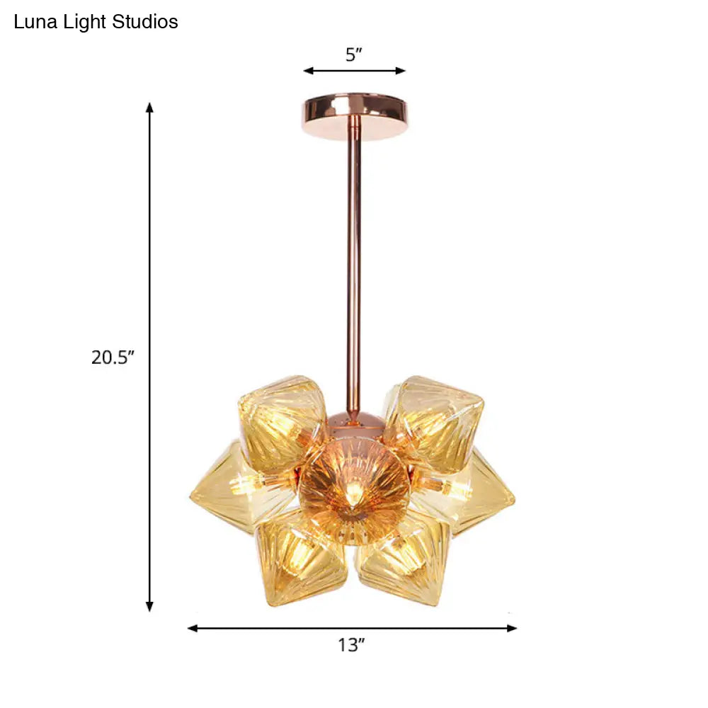 Stylish Farmhouse Chandelier Lamp: Diamond Amber/Clear Glass, 9/12 Heads, Copper/Gold Finish
