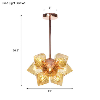 Stylish Farmhouse Chandelier Lamp: Diamond Amber/Clear Glass, 9/12 Heads, Copper/Gold Finish