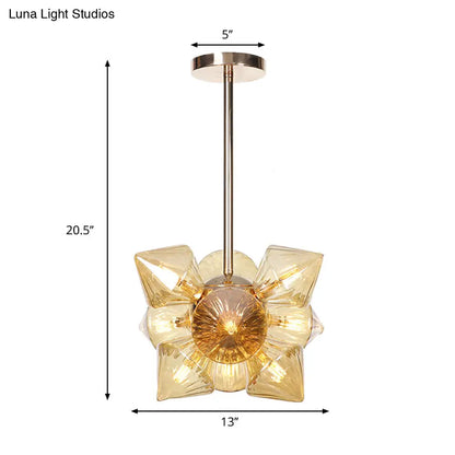 Stylish Farmhouse Chandelier Lamp: Diamond Amber/Clear Glass, 9/12 Heads, Copper/Gold Finish