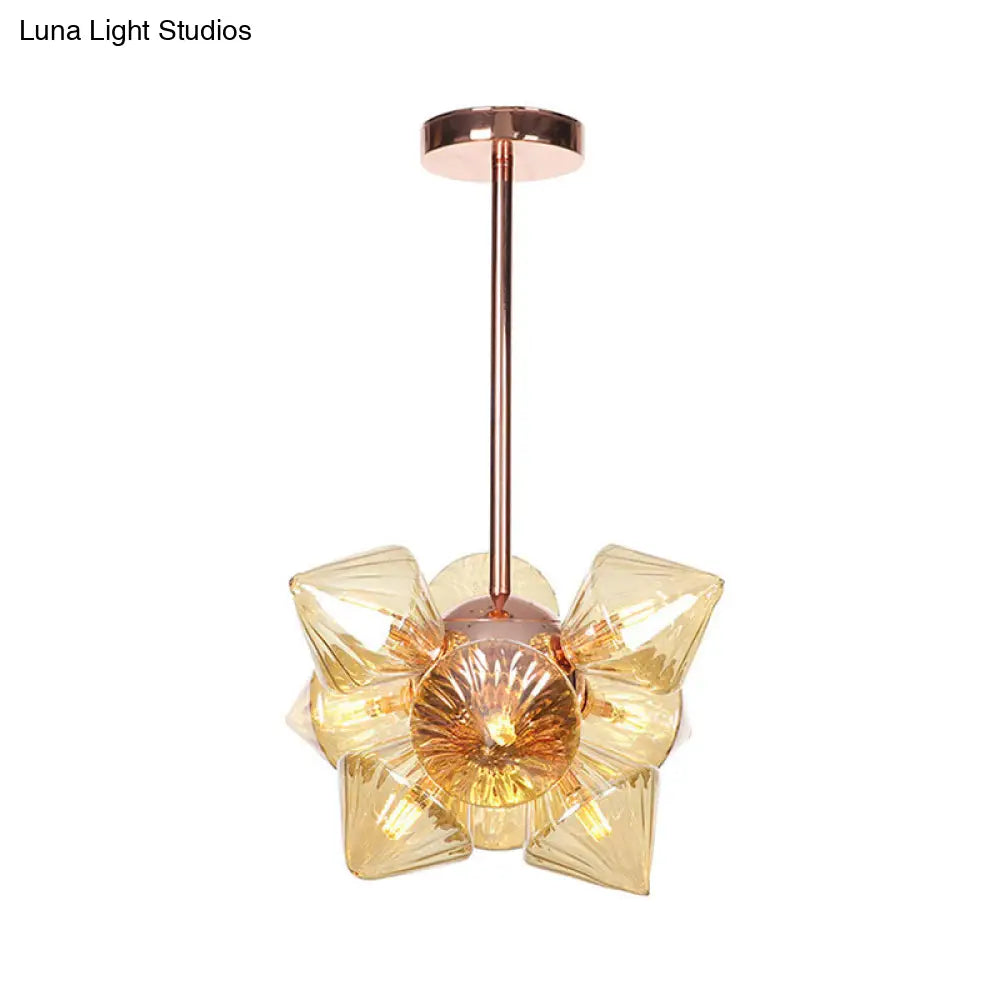 Stylish Farmhouse Chandelier Lamp: Diamond Amber/Clear Glass, 9/12 Heads, Copper/Gold Finish