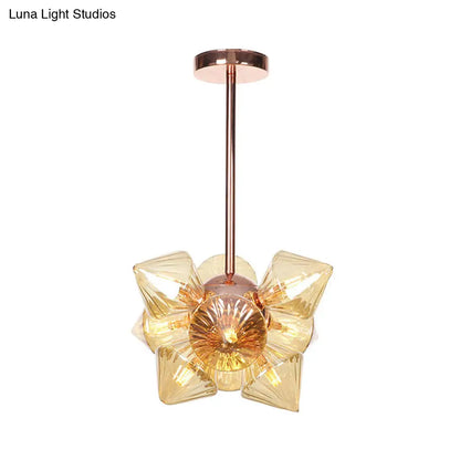 Stylish Farmhouse Chandelier Lamp: Diamond Amber/Clear Glass, 9/12 Heads, Copper/Gold Finish