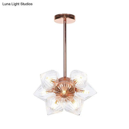 Stylish Farmhouse Chandelier Lamp: Diamond Amber/Clear Glass, 9/12 Heads, Copper/Gold Finish