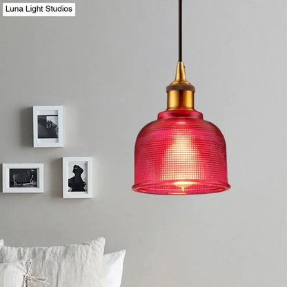 Stylish Grid Glass Pendant Light - Traditional 1 Head Hanging Lamp Cup Shade for Living Room and Cafe