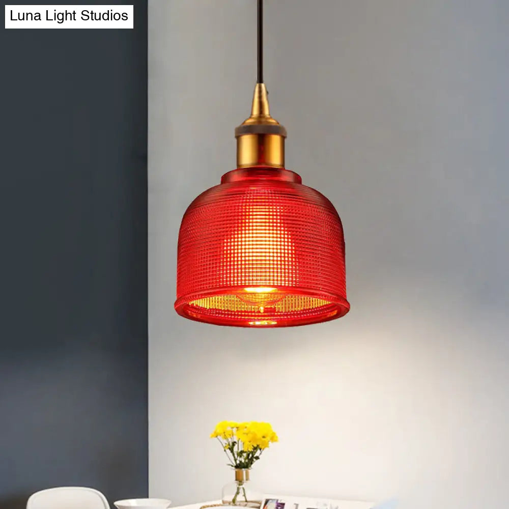 Stylish Grid Glass Pendant Light - Traditional 1 Head Hanging Lamp Cup Shade for Living Room and Cafe