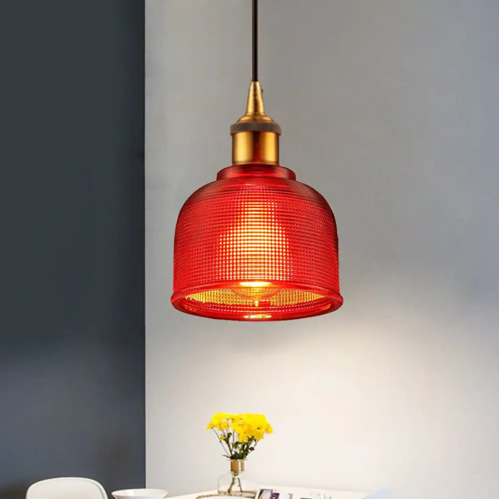 Stylish Grid Glass Pendant Light - Traditional 1 Head Hanging Lamp Cup Shade for Living Room and Cafe