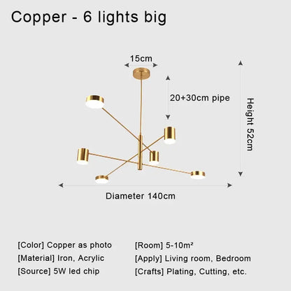 Stylish Led Chandelier for Home Decor - Big 6 lights copper / 3-color / CHINA - Chandelier