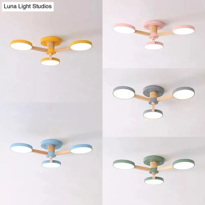 DecorBites™ DecorBites™ Stylish Macaron Round Ceiling Lamp - Metal Wood with 3 Lights - Undertint Semi Flush Ceiling Light for Cafes