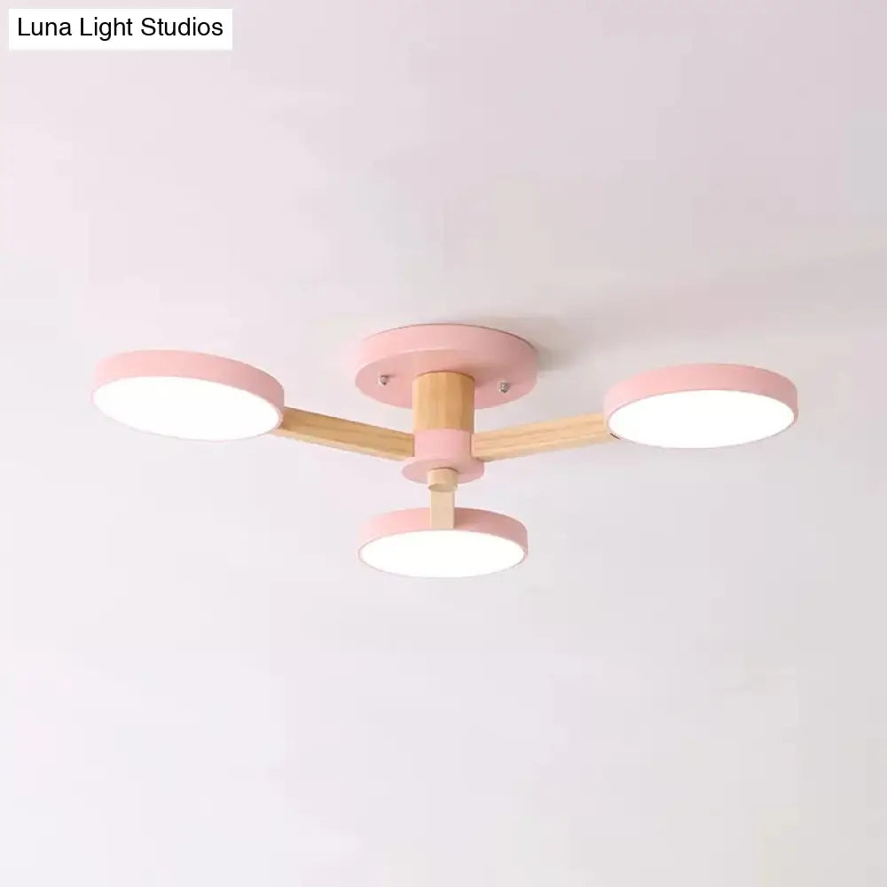 DecorBites™ DecorBites™ Stylish Macaron Round Ceiling Lamp - Metal Wood with 3 Lights - Undertint Semi Flush Ceiling Light for Cafes