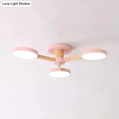 DecorBites™ DecorBites™ Stylish Macaron Round Ceiling Lamp - Metal Wood with 3 Lights - Undertint Semi Flush Ceiling Light for Cafes