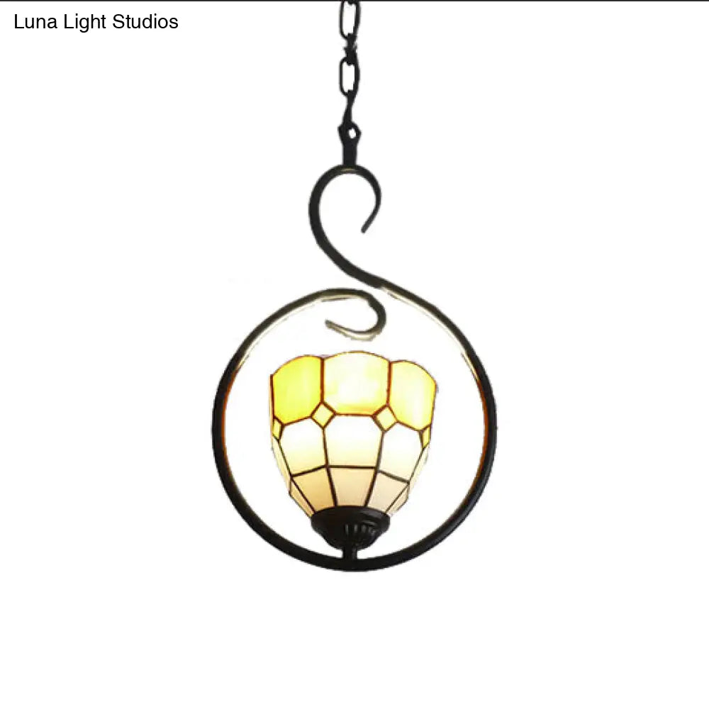 Stylish Orange Grid Dome Pendant Light with Tiffany Glass and Stainless Steel Suspension