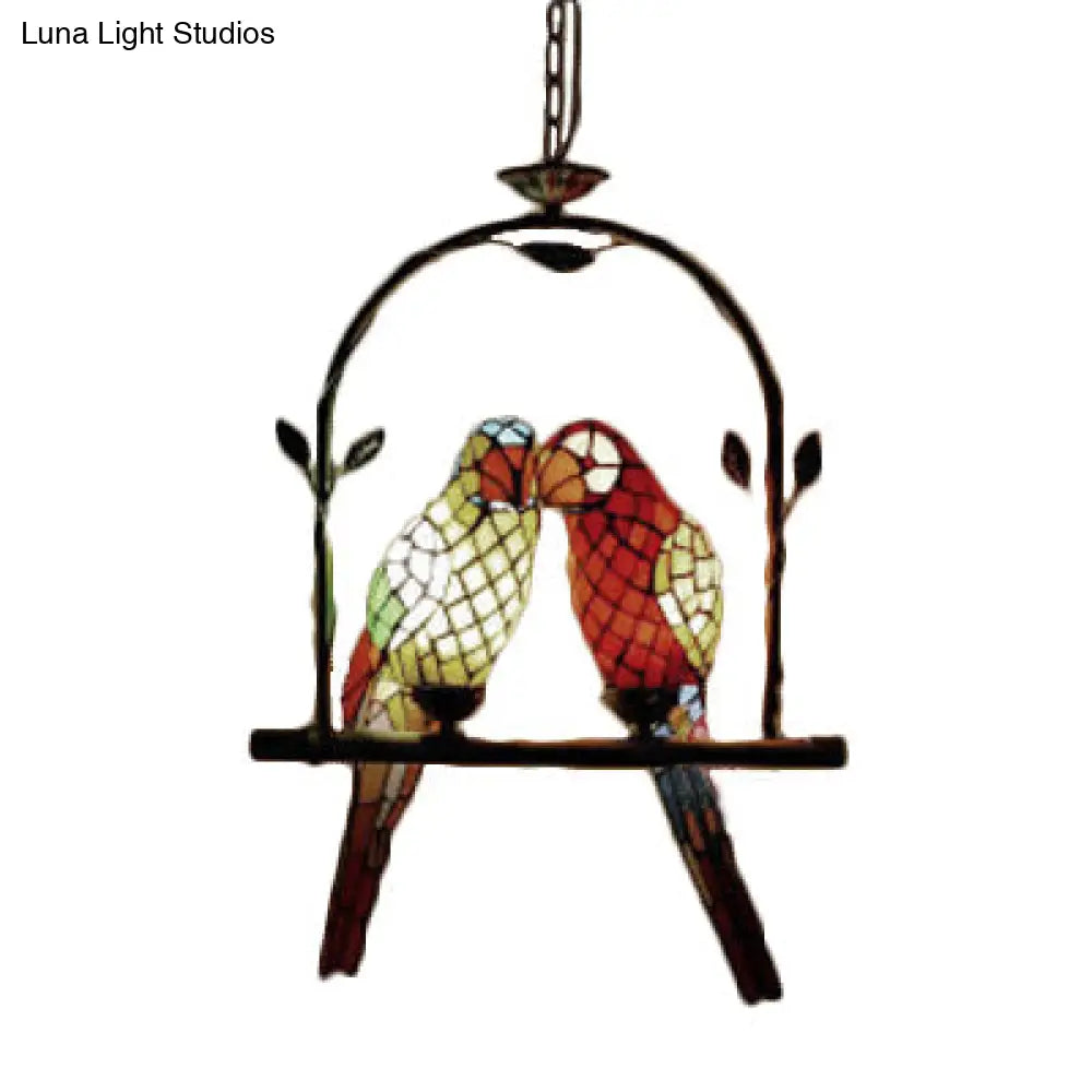 Stylish Parrot Tiffany Pendant Lamp with Hanging Perch Swing and 2 Red/Red & Yellow Lights