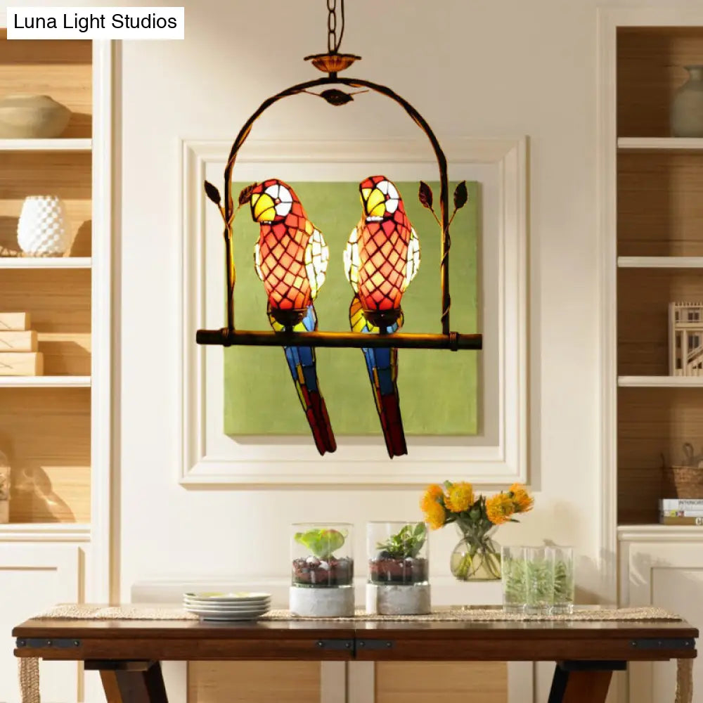 Stylish Parrot Tiffany Pendant Lamp with Hanging Perch Swing and 2 Red/Red & Yellow Lights