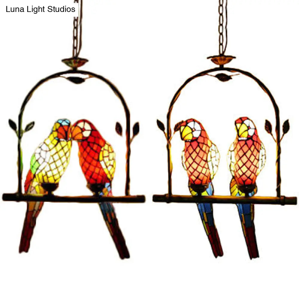 Stylish Parrot Tiffany Pendant Lamp with Hanging Perch Swing and 2 Red/Red & Yellow Lights