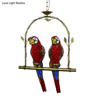 Stylish Parrot Tiffany Pendant Lamp with Hanging Perch Swing and 2 Red/Red & Yellow Lights