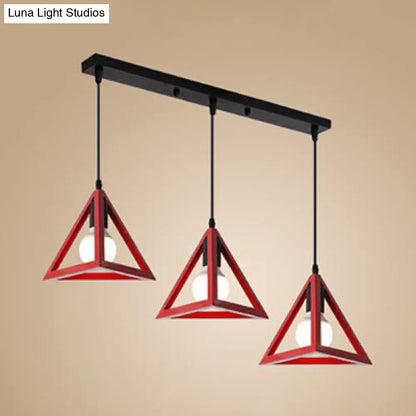 Stylish Retro Pendant Ceiling Light with Metallic Red/Yellow Triangle Design - 3 Heads, Foyer Suspension Lamp