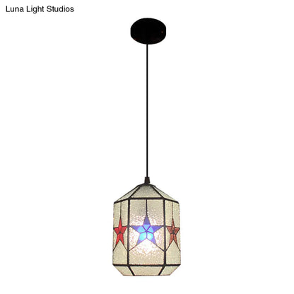 Stylish Star Design Pendant Ceiling Light - White/Clear Tiffany Art Glass, Stainless, 1-Light