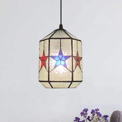 Stylish Star Design Pendant Ceiling Light - White/Clear Tiffany Art Glass, Stainless, 1-Light